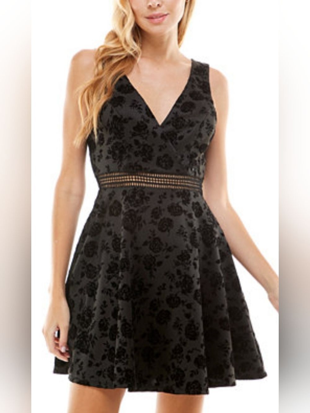 City Studio Black Floral Velvet Fit & Flare Mini Dress. Size 1